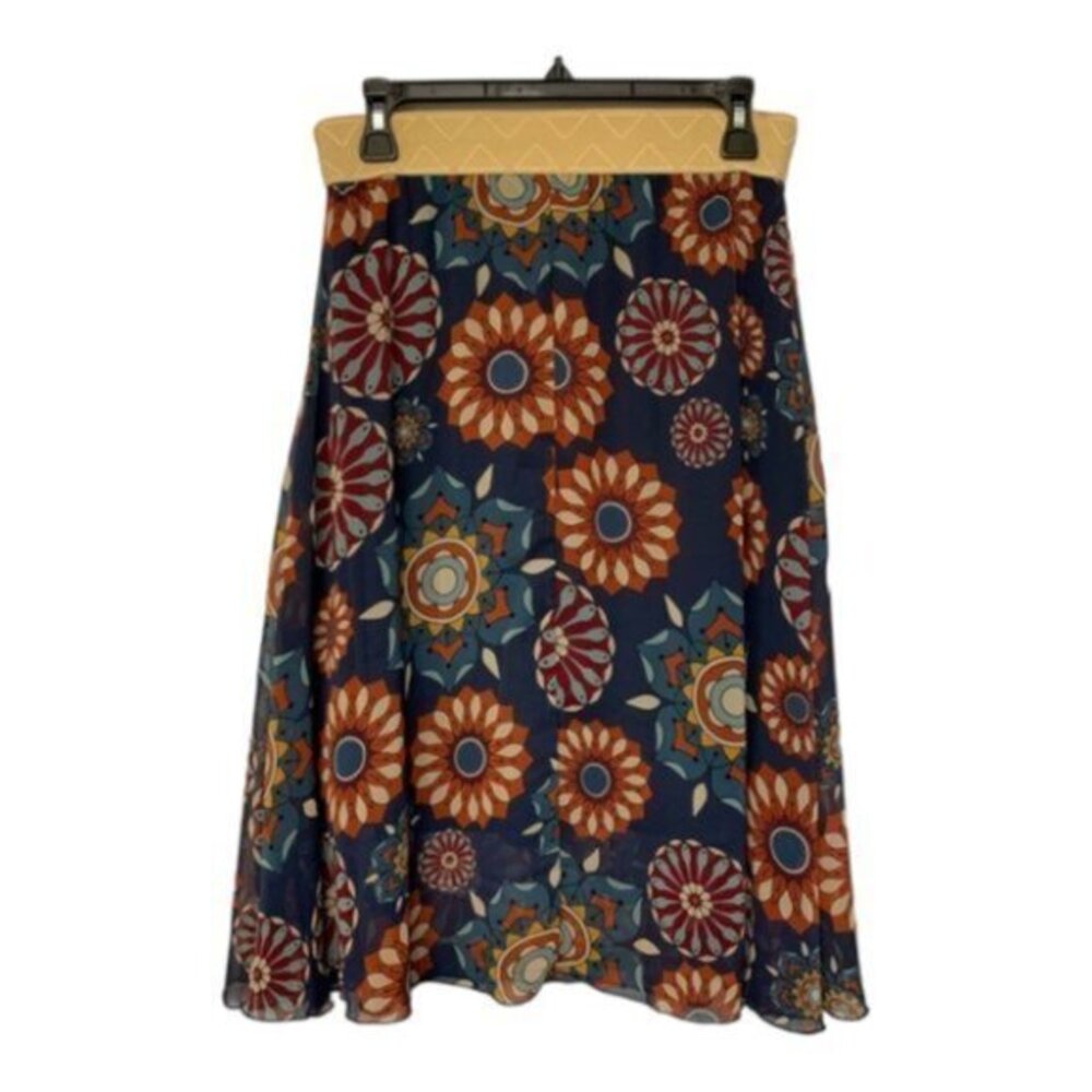 LuLaRoe Navy A-Line Skirt with Orange, Teal & Cream Medallions